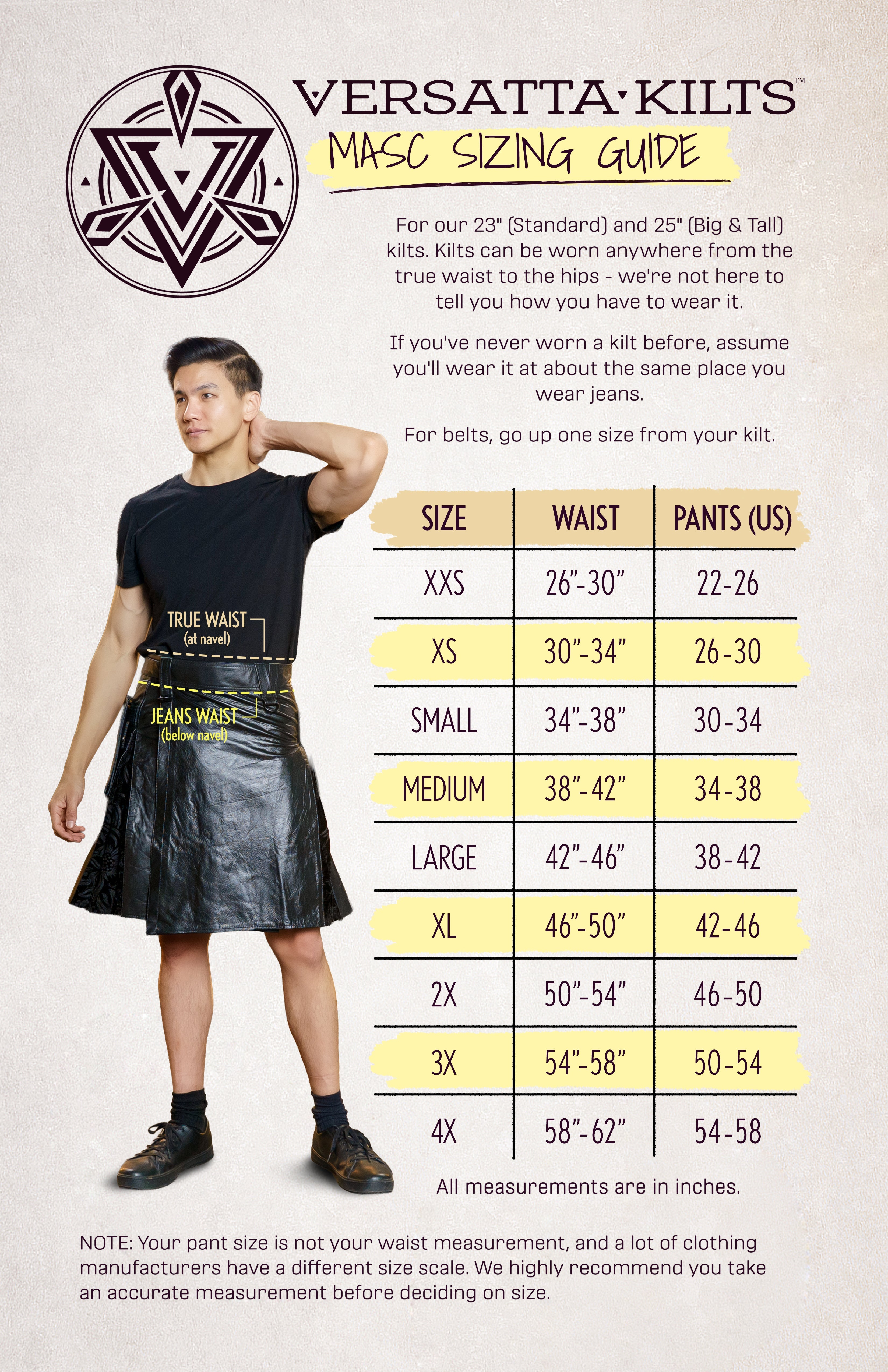 Versatta Kilts masc sizing chart showing waist measurements and US pants size conversions for sizes XXS through 4X