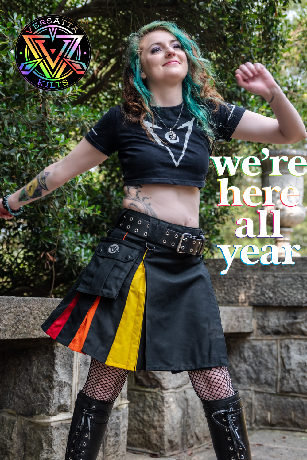 Versatta Knee-Length Rainbow Pride Hybrid Cargo Kilt - 19"