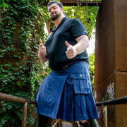 25" Versatta Big & Tall Cargo Kilt in Navy, with cargo pockets and grommet belt.