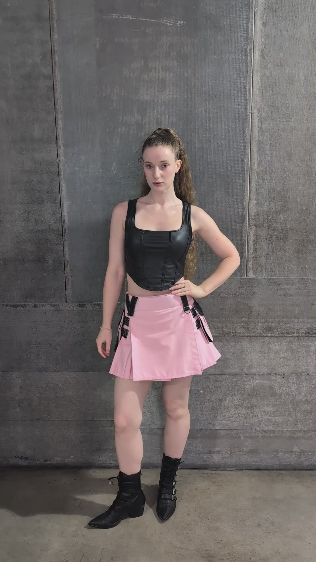 Load video: Versatta Mini Cargo Kilt, Light Pink w/ Black Accents, 15"