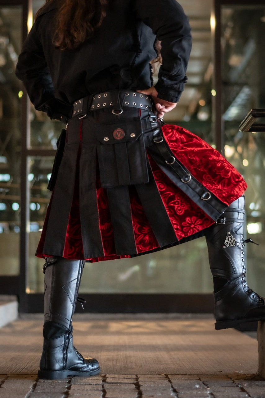 Versatta Gothic Velvet Cargo Kilt - Red
