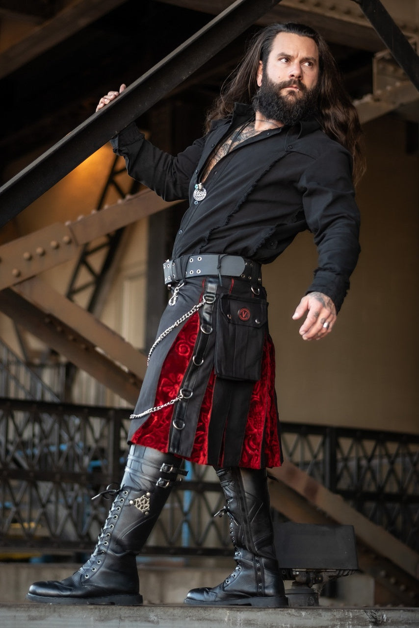 Versatta Gothic Velvet Cargo Kilt - Red