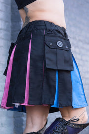 Black knee-length with pink, blue, and white sides for trans pride, worn by a person against a gray background